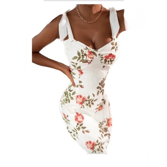 Floral Bow Detail Cream Bustier Mini Dress - Picture 1 of 9